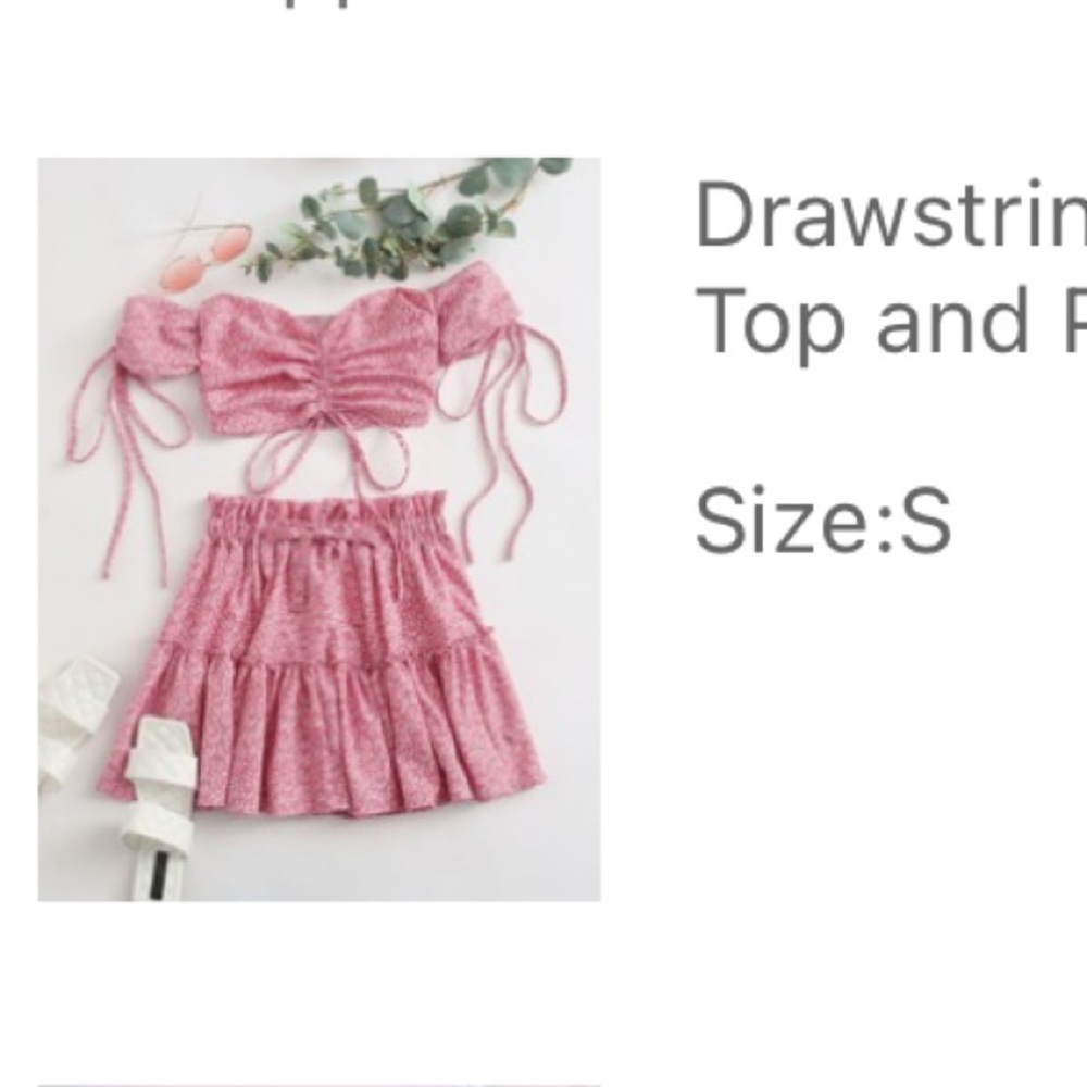 Drawstring Detail Shirred Back Bardot Top and Paperbag Waist Skirt Set